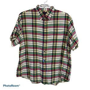 Lands End Mens‎ XXL 18-18.5 Green Red Yellow Plaid Short Sleeve Button Up Shirt